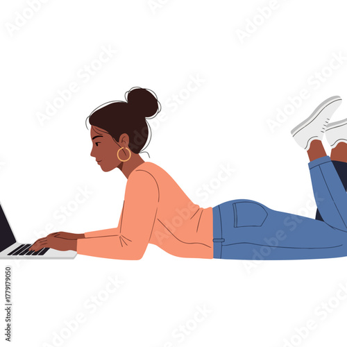 Young woman student lying on floor, working on laptop, studying, remote work, casual, modern lifestyle