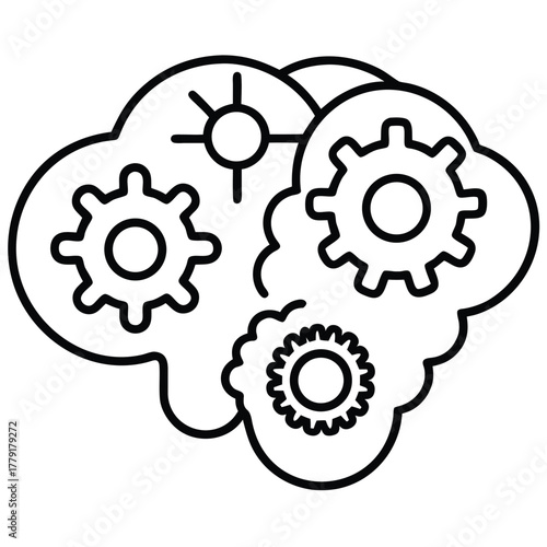 Outline icon of a brain shape filled with gears and a sun symbol mind cogs