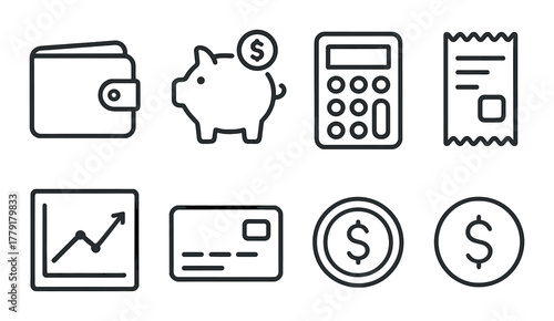 Financial icons set: wallet, piggy bank, calculator, receipt, chart, card, dollar symbols