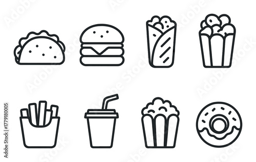 Monochrome icons of popular fast food items: burger, taco, fries, and more