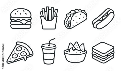Monochrome fast food icons: burger, fries, taco, pizza, hotdog, sandwich, drink, nachos