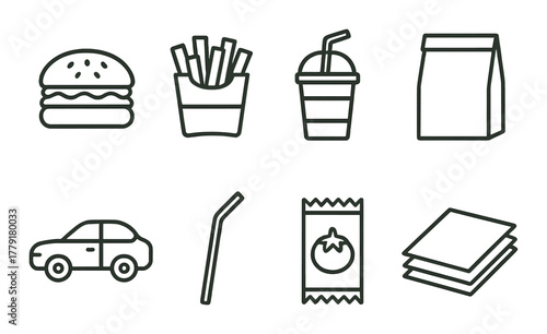 Fast food icons set: burger, fries, drink, bag, car, straw, sauce, napkins
