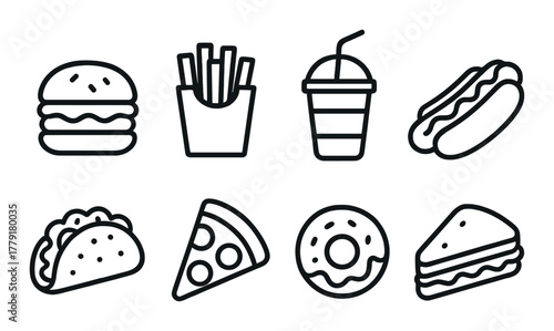 Outline of classic fast food icons on dark background