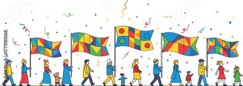 Peopleparadewithcolorfulflagsisolatedonwhitebackground,vectorillustration