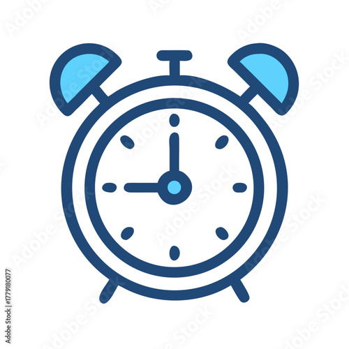 Blue and white alarm clock icon in flat design style, timekeeping symbo