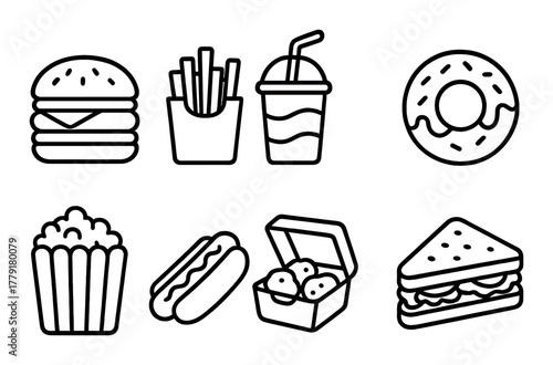 Monochrome fast food icons: burger, fries, soda, donut, popcorn, hotdog, nuggets, sandwich