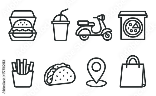 Icon set: fast food and delivery symbols on dark background