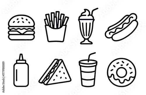 Monochrome fast food icons: burger, fries, milkshake, hot dog, ketchup, sandwich, drink, donut