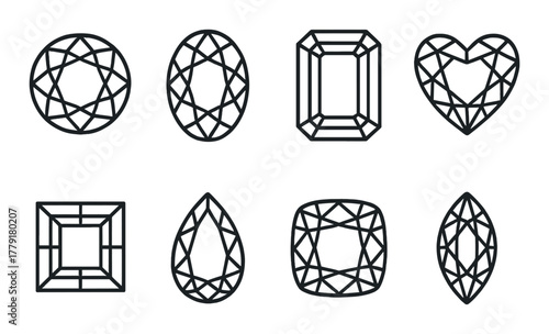 Set of eight geometric gemstone outlines on dark background