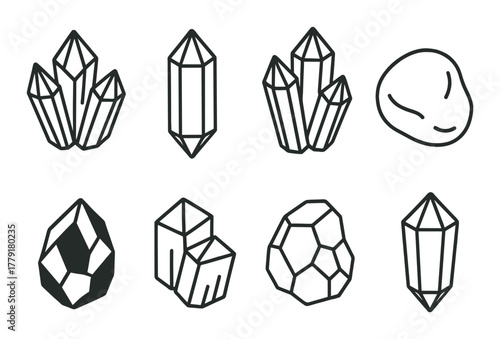 Outline of various crystals and minerals on dark background