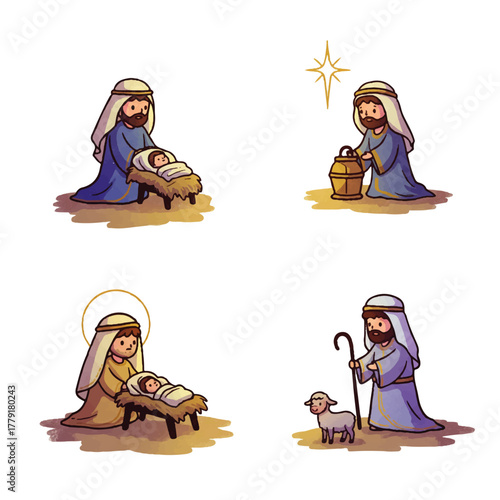 Four illustrations depicting Nativity scenes: Joseph with baby Jesus, Joseph with lantern, Mary with Jesus, and Joseph with a lamb.