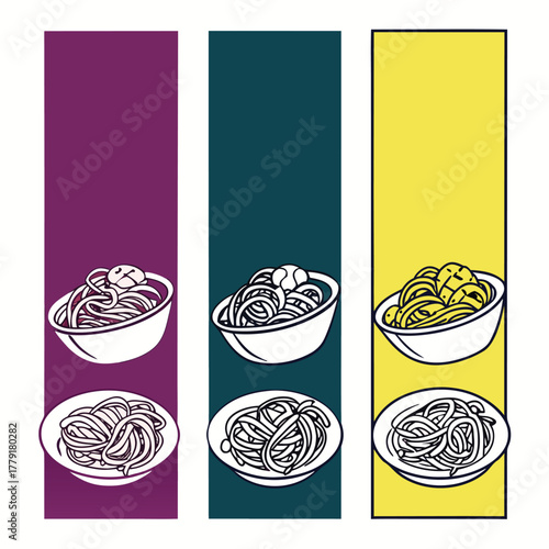Three banners featuring bowls of spaghetti with meatballs in purple teal and yellow background colors
