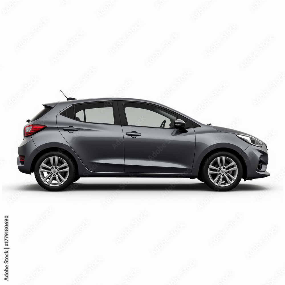 Naklejka premium Sleek gray hatchback car with modern design, featuring stylish wheels and compact body, perfect for urban driving and efficiency