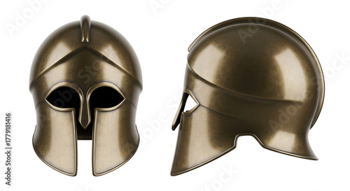 Ancient spartan warrior corinthian helmet in bronze metal shown from front and side views