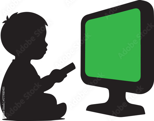 Black silhouette of a baby sitting and holding a remote control looking at a green screen television