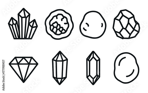 Monochrome gemstone and mineral icons set on textured background