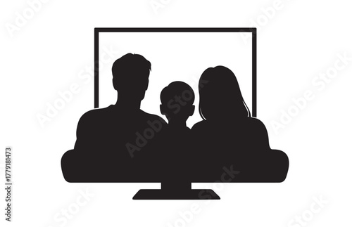 Black silhouette of a family of three watching television on a white background watching tv screen