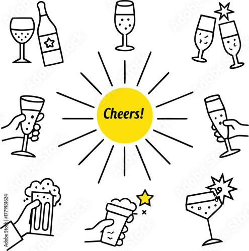 Illustration of celebration with drinks like champagne and beer around a sun with cheers text