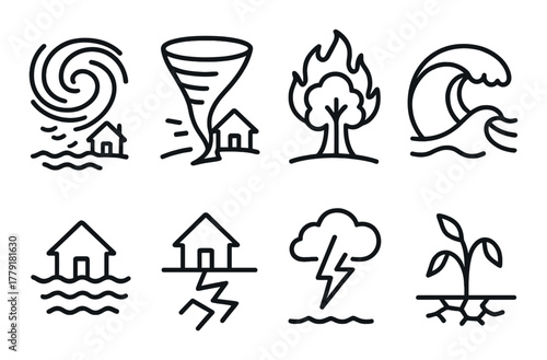 Natural disaster icons: hurricane, tornado, wildfire, tsunami, earthquake, storm, flood, drought