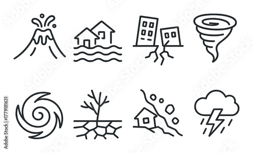 Natural disaster icons: volcanic, flood, earthquake, tornado, hurricane, drought, landslide, storm