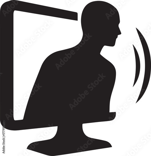 Black silhouette of a person speaking into a computer screen with sound waves emanating talking