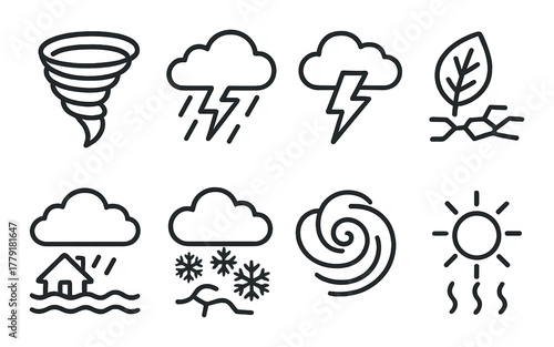 Weather icons set: tornado, storm, drought, flood, snow, hurricane, sun