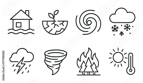 Climate change icons: flood, drought, hurricane, snow, storm, tornado, wildfire, heat