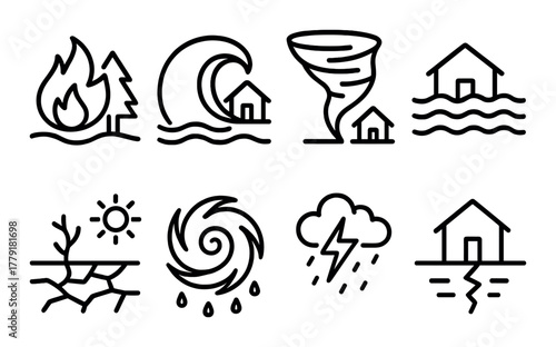 Natural disaster icons: fire, tsunami, tornado, flood, drought, hurricane, thunderstorm, earthquake