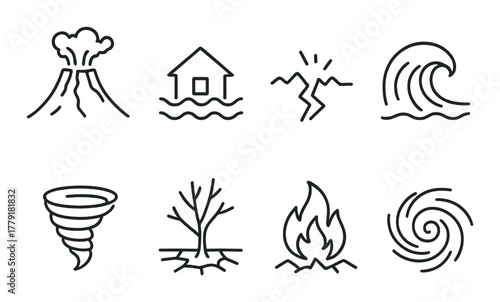 Natural disaster symbols: volcano, flood, earthquake, tsunami, tornado, drought, fire, cyclone