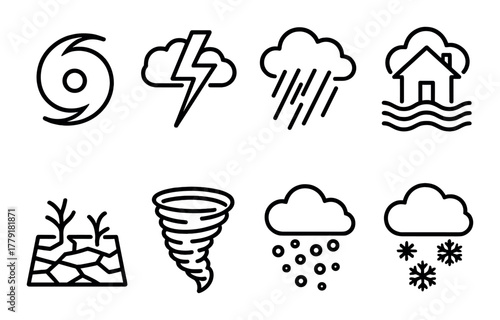 Weather symbols: hurricane, thunderstorm, rain, flood, drought, tornado, snow, ice