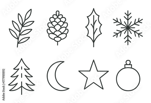 Minimalist holiday icon set: nature-inspired winter symbols