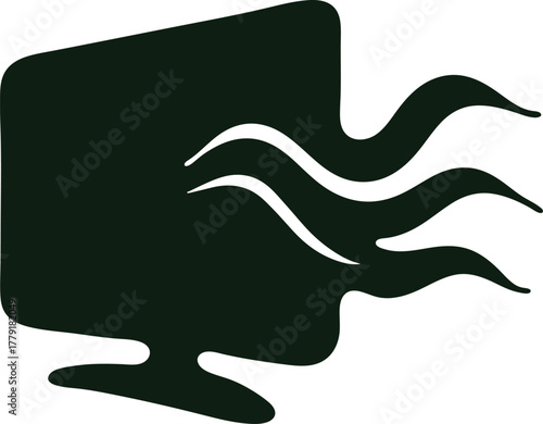Dark green silhouette of a computer monitor with abstract wavy lines emanating from the screen technology