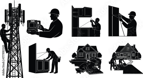 Silhouette vector illustration of construction and technical workers performing diverse tasks, telecommunications, carpentry, home improvement, masonry, surveying, engineering, labor, and industry