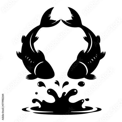 Black and White Silhouette of Two Leaping Fish over a Splash