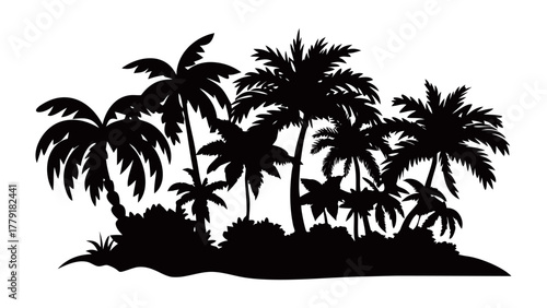 Island Paradise Silhouette: A tropical island comes to life as silhouettes of various palm trees, plants and shrubs create a stunning island outline.