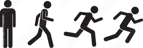 Black silhouette figures showing progression from standing to running person walking