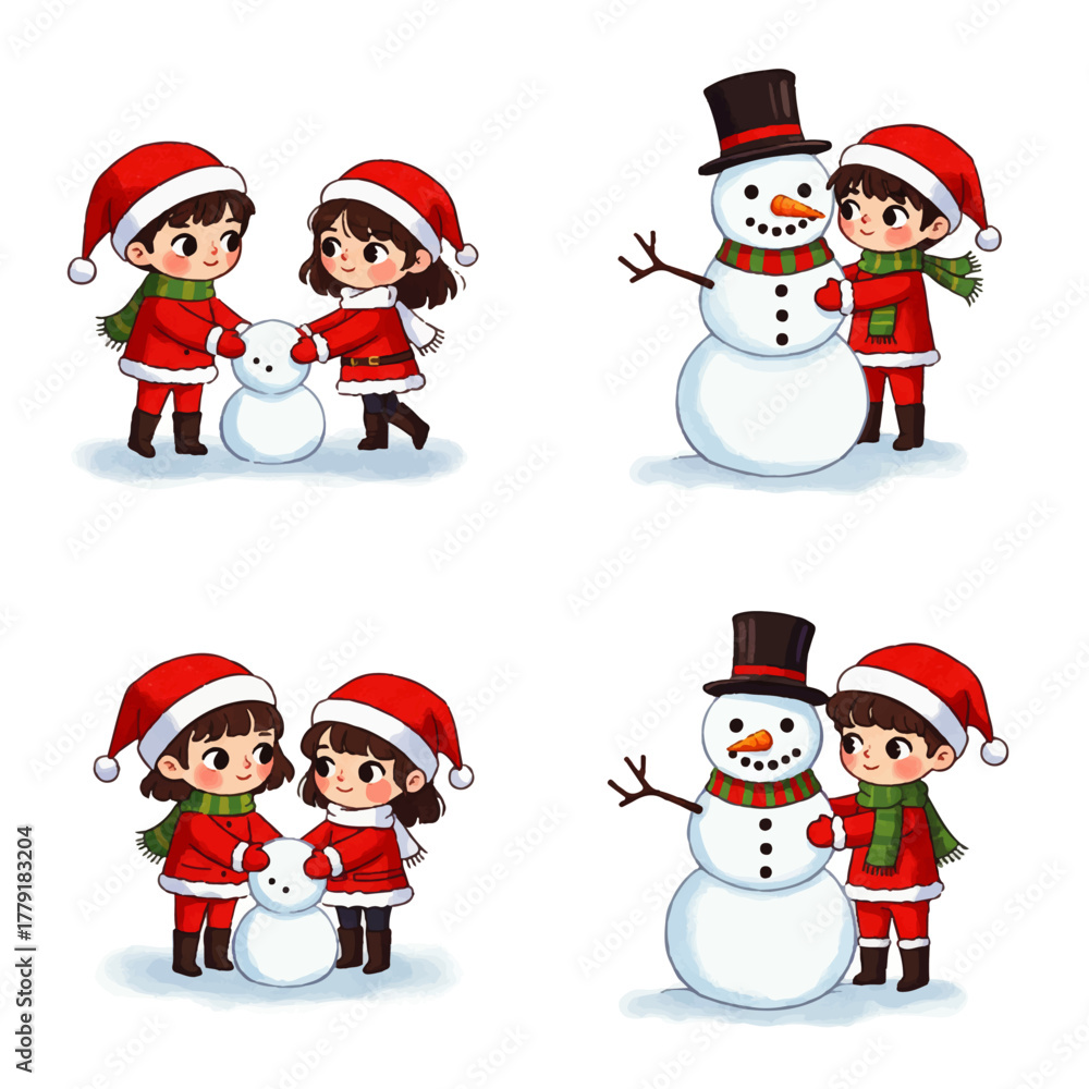Fototapeta premium Children in festive attire building and admiring a snowman in a winter scene.