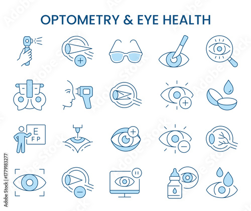 Optometry and eye health line icons set. Diagnostics, correction, surgery, and protection symbols. Editable stroke.