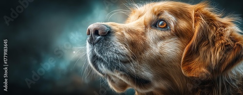 Thoughtful golden retriever gazing into the distance.