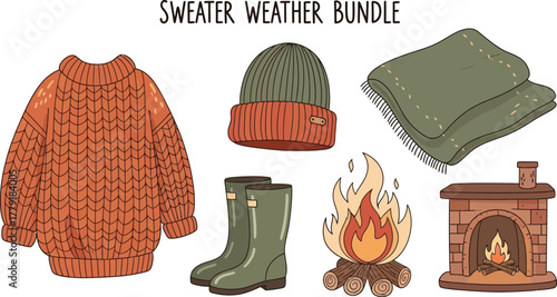 Hand-drawn autumn collection of seasonal elements including foliage, sweaters, campfire, and food items vector illustration