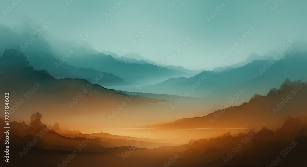 Obraz premium Ethereal mountain landscape with golden hues and misty peaks