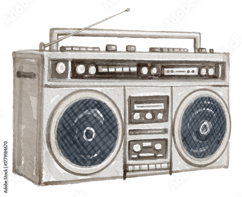 Watercolor old radio isolated on white background