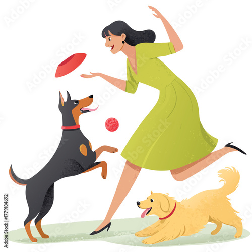 Vector art of a joyful woman in a green dress is playfully running and throwing a frisbee for her two excited dogs, a doberman and a golden retriever