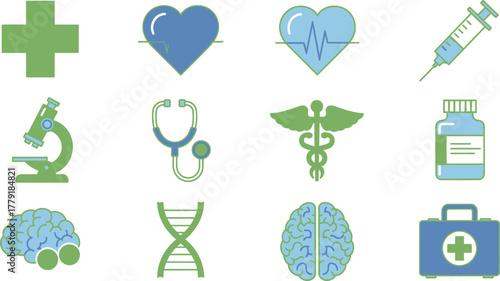 Collection of colorful vector icons for medical and scientific themes: DNA, stethoscope, heart, and pharmacy symbols illustration
