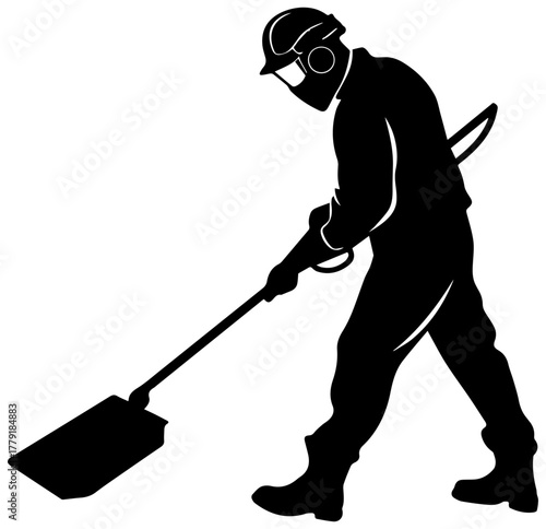 Silhouette of Worker Shoveling with Protective Gear – Manual Labor Vector