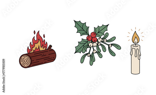 An illustration featuring winter and Christmas elements including a fireplace with burning logs, holly and mistletoe, and a lit candle, perfect for festive designs and seasonal greetings.