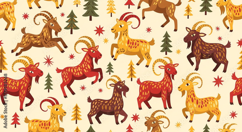Fototapeta premium Seamless pattern featuring whimsical cartoon goats in various colors and poses, interspersed with festive Christmas trees and star shapes on a light beige background, creating a playful holiday design