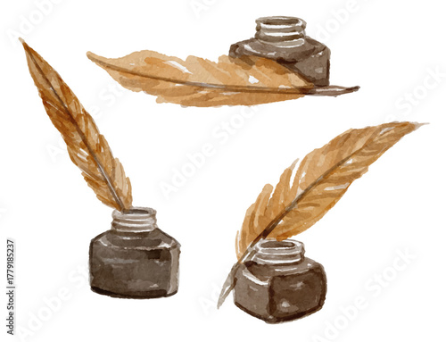Hand painted watercolor quill pen and ink isolated