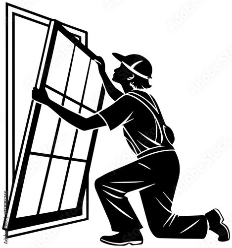 Silhouette of Window Installer Kneeling – Construction Labor Vector