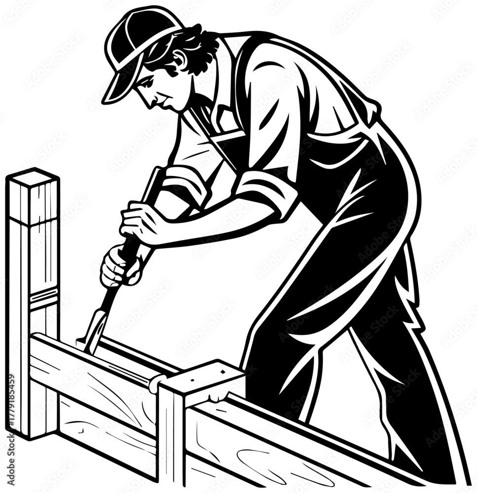 Fototapeta premium Carpenter Silhouette Hammering Wood – Manual Labor Vector